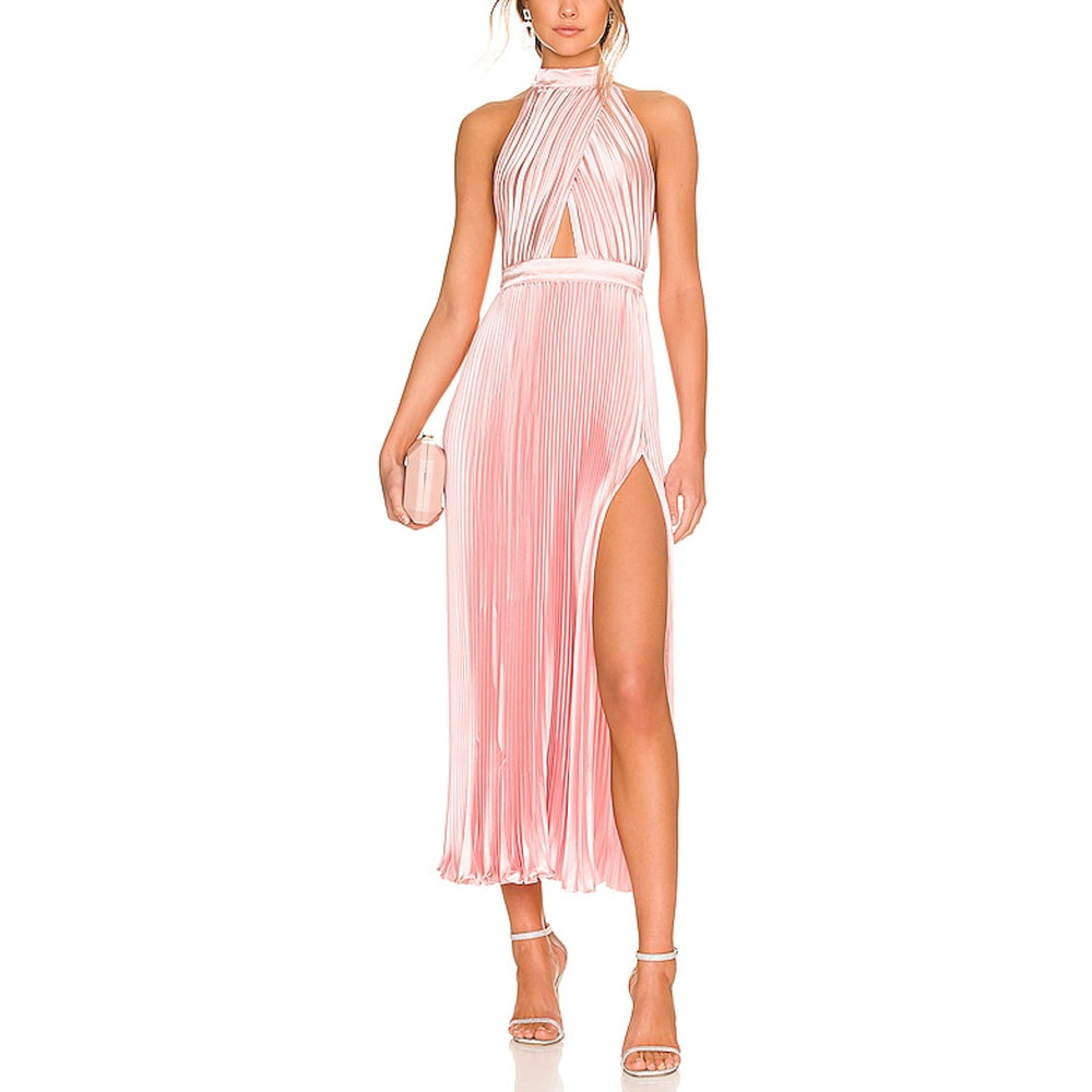 L'Idee 'Renaissance' Pink Split Halterneck Front Cut Out Plisse Satin Midi